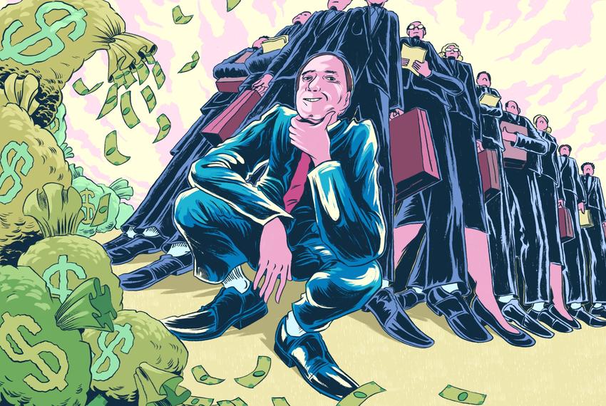 An illustration of bags of money, Texas Attorney General Ken Paxton, and a group of lawyers holding briefcases and documents.