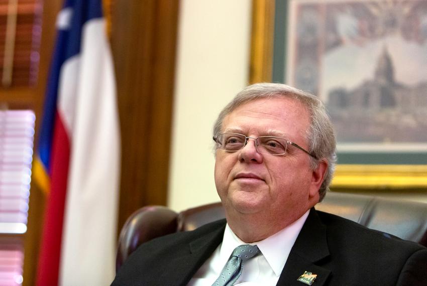 State Sen. Paul Bettencourt speaks to Texas Tribune reporter Emma Platoff in his office on Feb. 13, 2019.