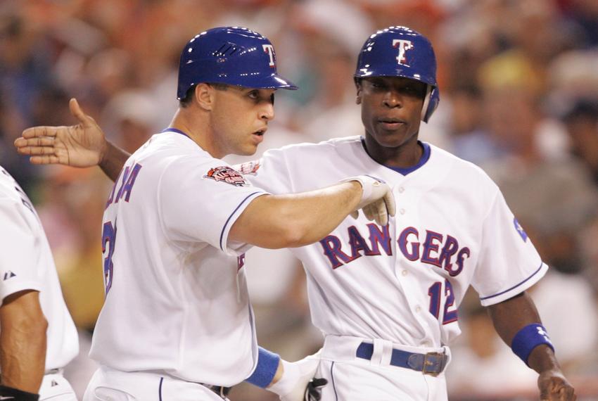 Mark Teixeira (left) is congratulated by Alfonso Soriano after hitting a two-run home run during the 76th MLB All Star Game in Detroit, Michigan on July 12, 2005. Teixeira has announced he's running for Congress in Texas Congressional District 21, which is being vacated by U.S. Rep. Chip Roy, R-Austin.