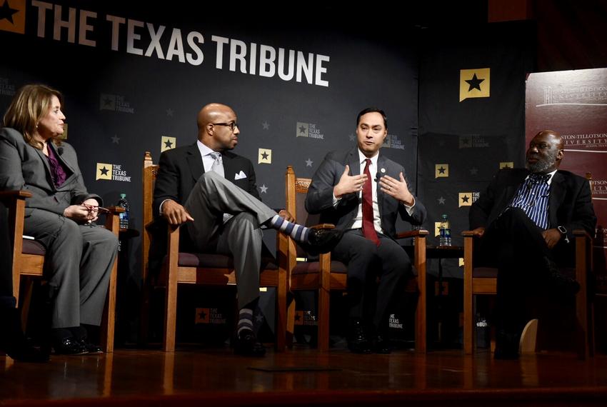 Reporter Aliyya Swaby (l.) moderates a panel on race and education in Texas with (l-r) Assistant Superintendent for the San Antonio ISD Judith Solis, Paul Quinn College President Michael Sorrell, former Texas education Commissioner Michael Williams and U.S. Rep. Joaquin Castro, D-San Antonio at The Texas Tribune Symposium on Race and Public Policy at Huston-Tillotson University in Austin on January 14, 2017.