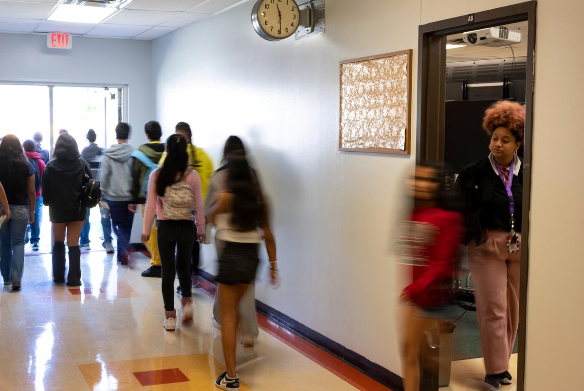 AUSTIN, TEXAS - July 23, 2025: Austin Voices for Education and Youth, hosts a summer camp at the Dobie Middle School for students that attend the three Austin ISD schools at risk of closure. Ilana Panich-Linsman for The Texas Tribune