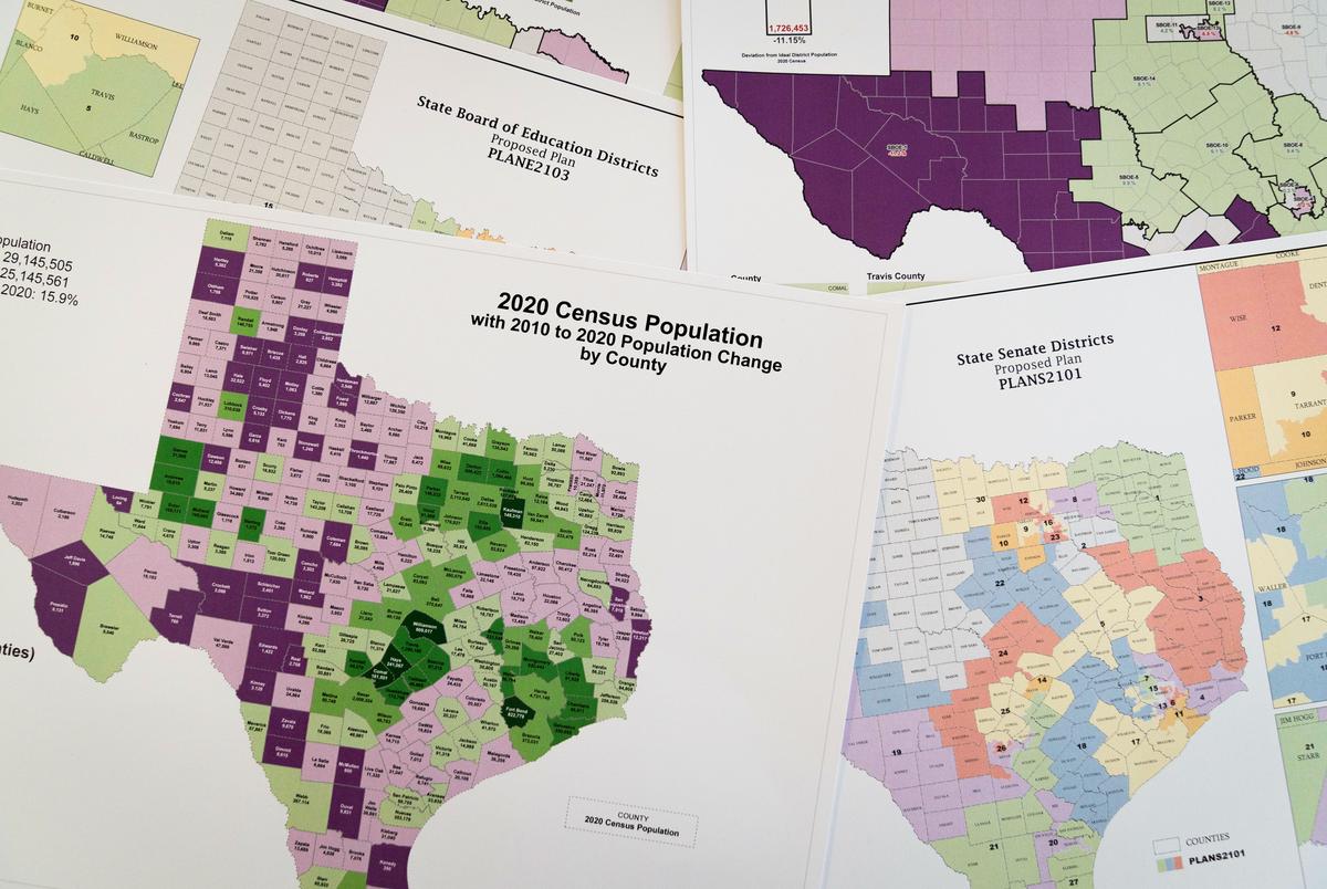 2020 Census data and redistricting maps at The Texas Tribune office in Austin on Oct. 7, 2021. The state population grew by nearly 4 million and was mostly driven by people of color.