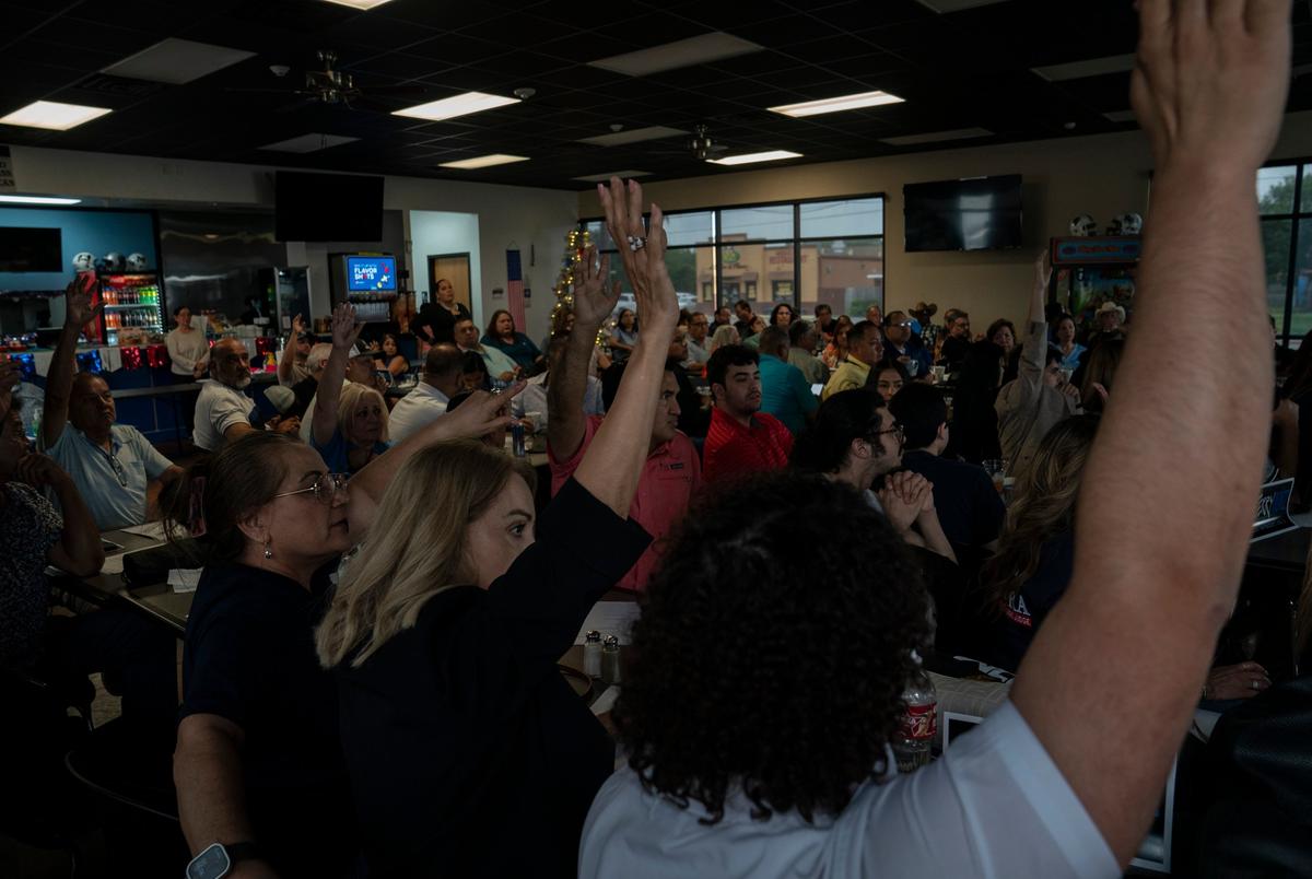 Hidalgo County democrats officials take a vote during their Third Quarter meeting in San Juan, Texas on July 26, 2025. They were hoping to introduce the new precinct chairs during the meeting as well as listening from their newly formed committees.Gabriel V. Cárdenas for The Texas Tribune