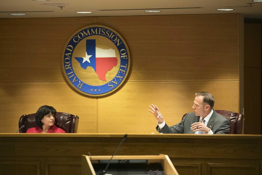 Chairman Christi Craddick and Commissioner Ryan Sitton at a Texas Railroad Commission meeting in Austin on Oct. 10, 2017.