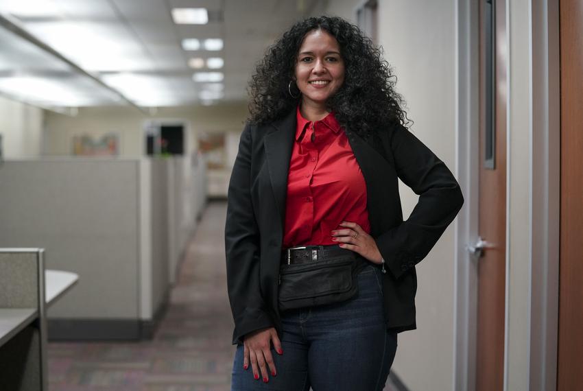 Michelle Vallejo, U.S. Representative District 15 Candidate, poses for a photo after a Futuro RGV candidate forum in McAllen on Jan. 11, 2022.