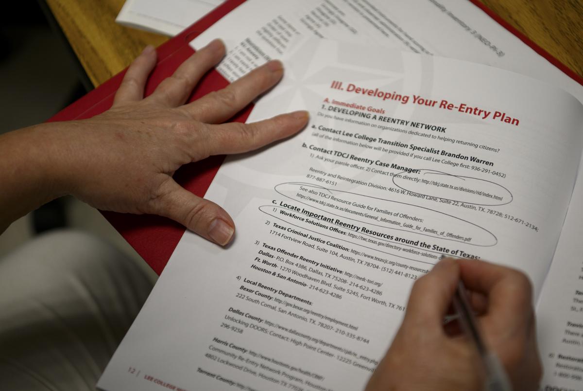 Women who are incarcerated participate in a Lee College course that focuses on reentry at Lucile Plane State Jail in Dayton, Texas, US, on Monday October 28, 2024.