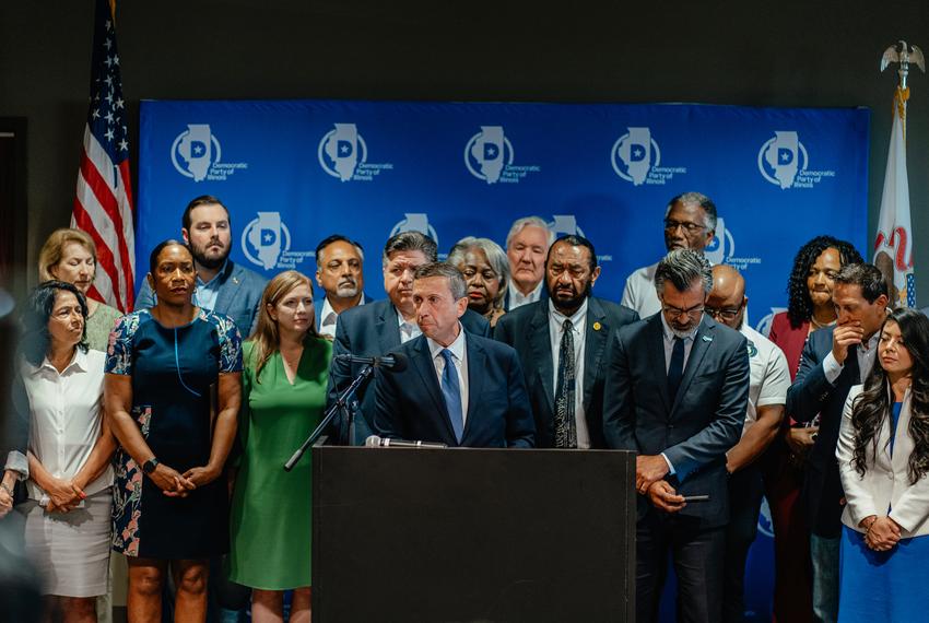 Democratic National Committee Chair Ken Martin speaks during a press conference surrounded by members of the Texas House Democratic Caucus at Painters District Council 30 in Aurora, Ill., on Tuesday, Aug. 5, 2025.