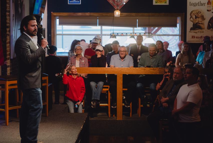 San Antonio, Texas - March 14, 2024: 

Florida Congressman Matt Gaetz and Brandon Herrera, Republican candidate for the US House for Texas’ 23rd congressional district, were seen during a campaign event at the Angry Elephant, a politically themed bar, in San Antonio, Texas on March 14, 2024. 

Photo: Christopher Lee for Texas Tribune