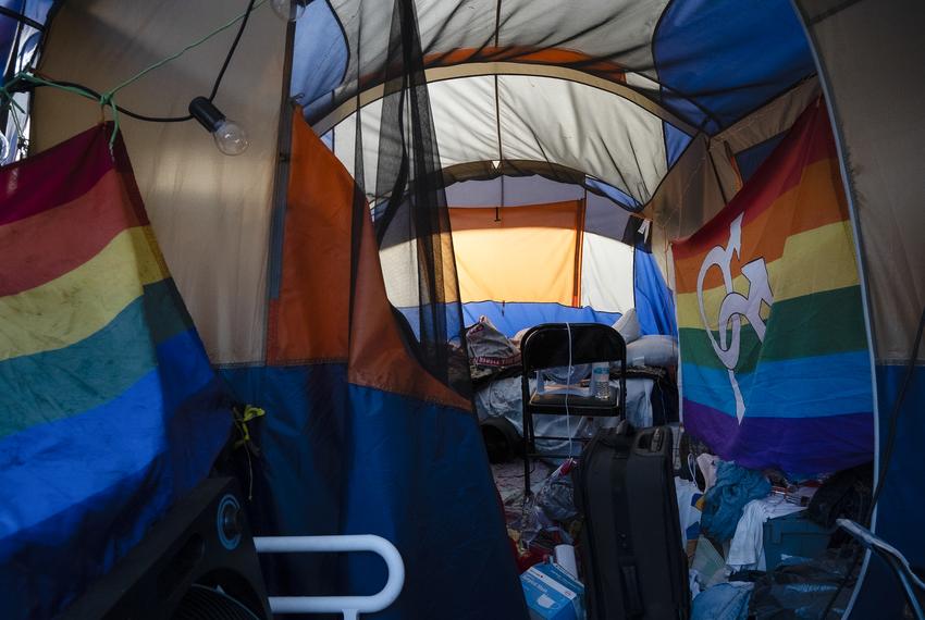 Inside of Adam Cartwright's, a person experiencing homelessness in Downtown Austin, tent on June 16, 2021.