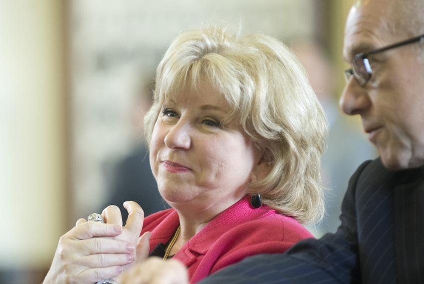 Happy Sen. Jane Nelson, R-Flower Mound, watches passage of SB 1 budget bill on a 30-1 vote April 14, 2015.  Lone no vote was Sen. Sylvia Garcia, D-Houston.