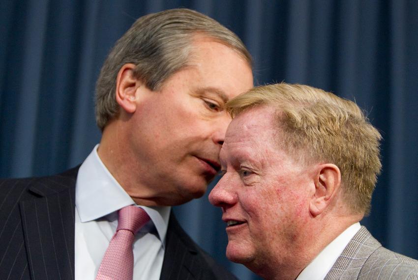 Lt. Gov. David Dewhurst with Rep. Jim Pitts R-Waxahachie during a press conference on Feb. 7, 2013