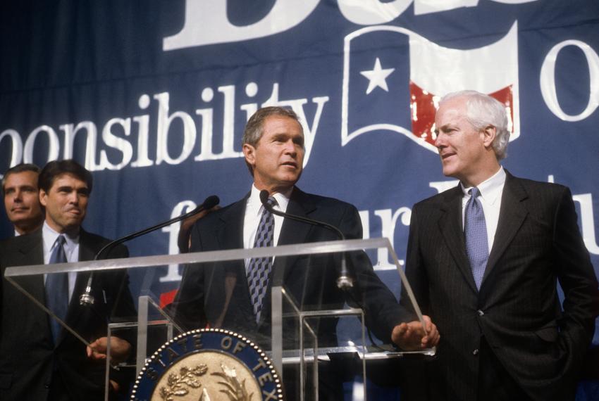 George W Bush (c) Senator John Cornyn (r) and Rick Perry (l) on Texas election night victory November 3rd, 1998 Austin, Texas