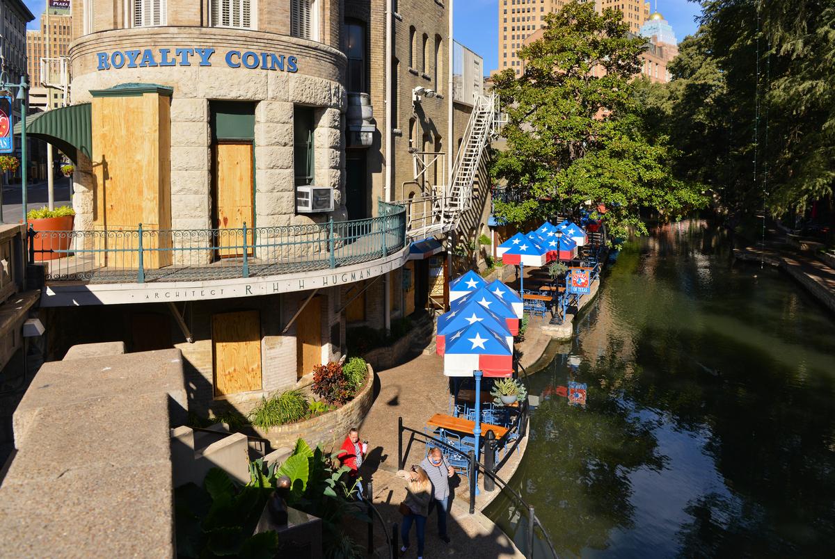 Buildings along the San Antonio Riverwalk are boarded up as a precaution against any civil unrest that may happen as a result of the election. Nov. 3, 2020.