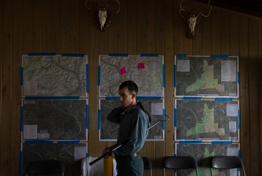 Maps of the area that will become Post Oak Ridge State Park, hang at the ranch house, the meeting point for personnel during the week-long conference, at a newly acquired park near Lampasas, Texas, on Thursday, June 5, 2025. The park’s acquisition marks the first since $1 billion dollars were allocated to buy more land for the state parks system as part of the Centennial Parks Conservation Fund, approved by the state legislature in 2023. Before development can begin, survey teams collect samples and information regarding the environment and wildlife at the newly acquired land.