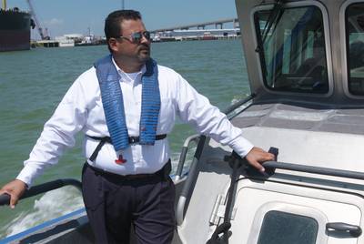 Eddie Martinez, the Port of Corpus Christi’s business development representative, cruises in a boat along the ship channel on June 6, 2018. Crude oil exports from the Port of Corpus Christi are soaring.