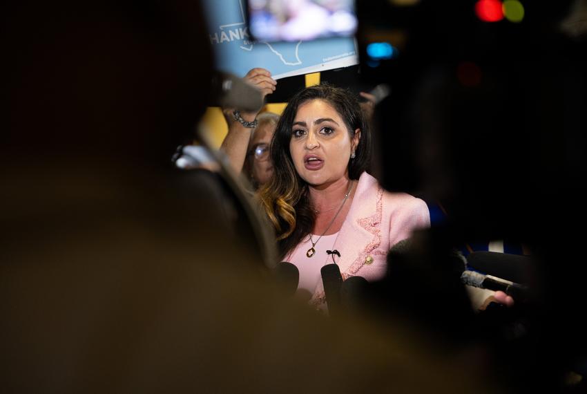 Rep. Mihaela Plesa, D-Dallas, speaks with press outside of the Texas House on Aug. 18, 2025. Plesa, the vice chair of the democratic caucus, spoke about threats and attacks the democrats had been receiving.