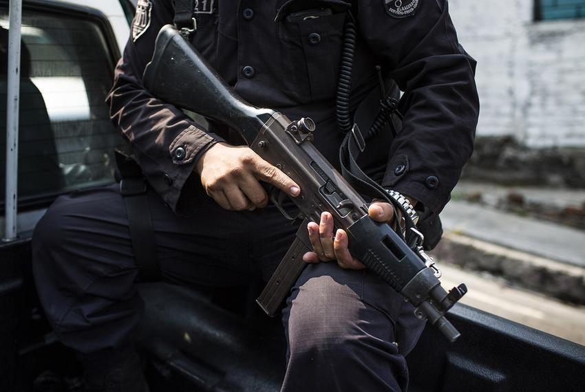 A Policia Nacional Civil patrol in the 22 de Abril neighborhood of Soyapango, just outside of San Salvador, El Salvador. The neighborhood is known to be controlled by the Mara Salvatrucha gang.