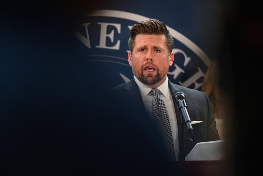 First Assistant Attorney General Brent Webster speaks during an Attorney General press conference in the William Clements Building in Austin on June 9, 2022.