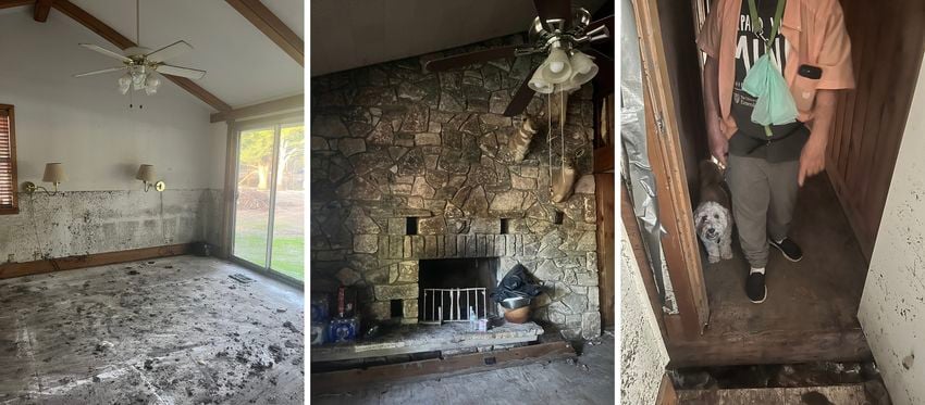 First: Keeper’s bedroom where he was asleep as floodwaters rose early morning on July 4. Second: The heads of the animals his mother hunted before her death adorn the walls of Keeper’s home. Last: Keeper points to a crack in the house where water started rushing in.