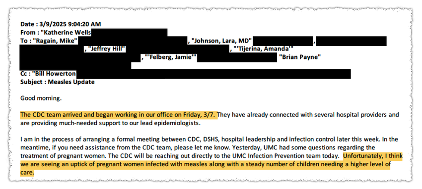 A March 9 email from Katherine Wells announcing the arrival of CDC scientists in Lubbock, Texas, some six weeks after the first cases were detected. Emails obtained by KFF Health News have been redacted to protect the privacy of individuals and facilities.