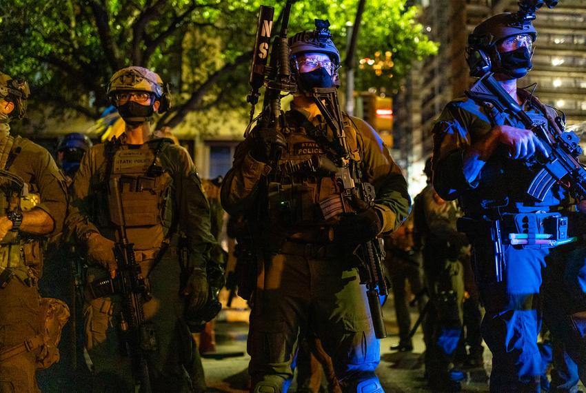 Heavily armed state police in downtown Austin on Aug. 1, 2020.