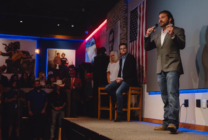 Florida Congressman Matt Gaetz and Brandon Herrera, Republican candidate for the US House for Texas’ 23rd congressional district, were seen during a campaign event at the Angry Elephant, a politically themed bar, in San Antonio, Texas on March 14, 2024.
