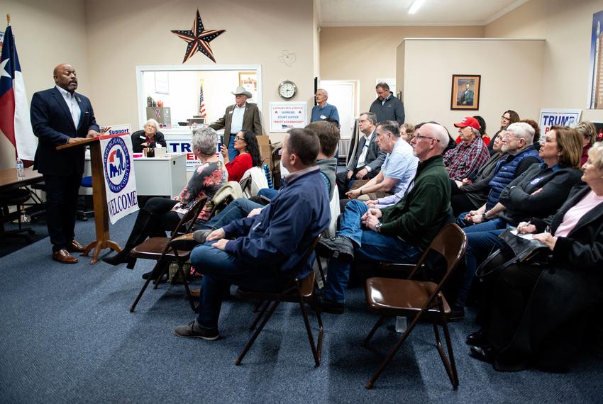 Frederick Douglass Republicans Engagement Strategy creator KCarl Smith speaks at a Black Voices for Trump event, a nationwide initiative to sway voters, at the McLennan County Republican Headquarters in Waco on Feb. 26, 2020.