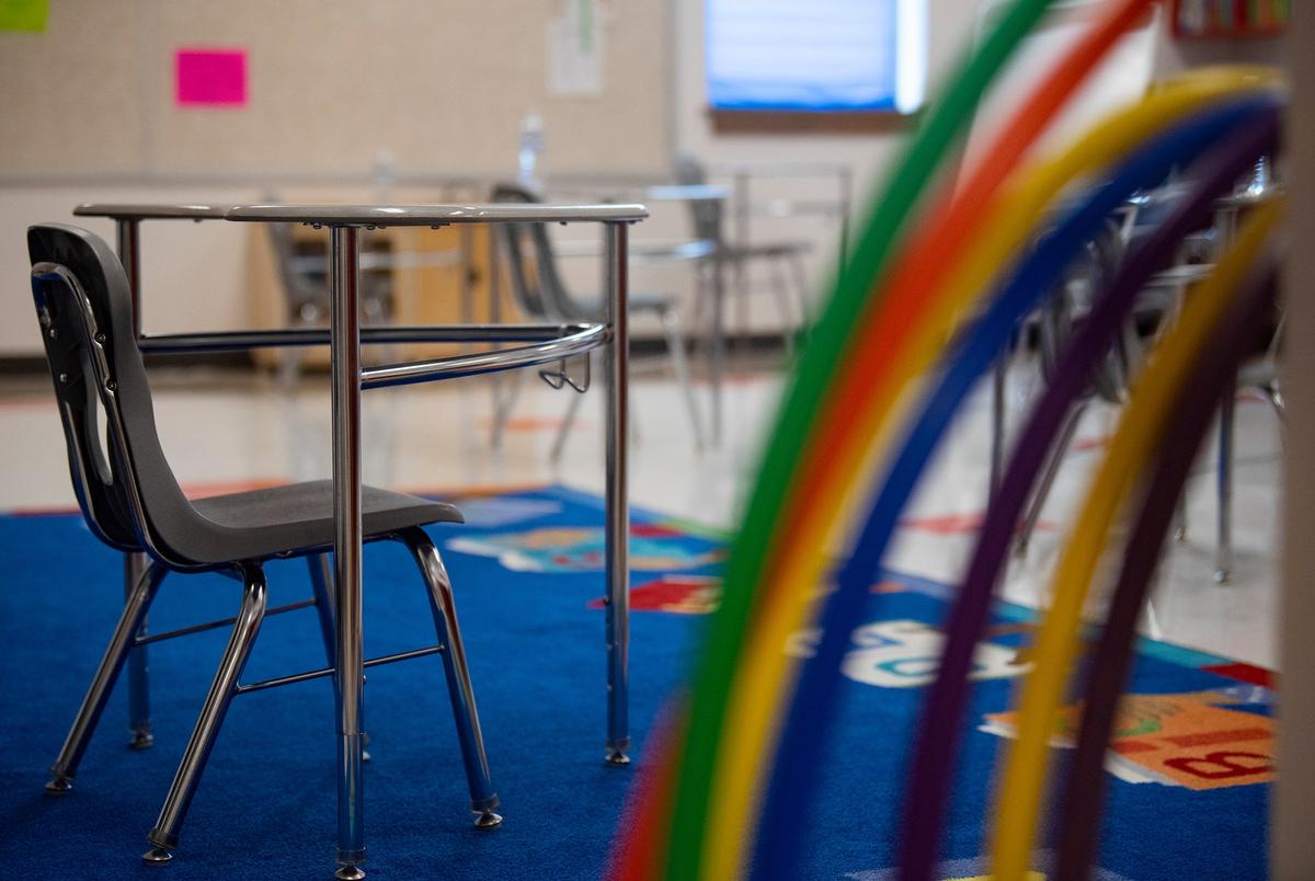 A desk is distanced six feet apart from other desks at Premont Ernest H. Singleton Early College Academy on Tuesday, Aug. 4, 2020 in Premont. When the school reopened in June, students held hula hoops around themselves in line to maintain a socially safe distance from each other.