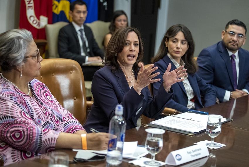 Vice President Kamala Harris delivers remarks during a meeting with Democratic Texas state lawmakers in the Roosevelt Room o…