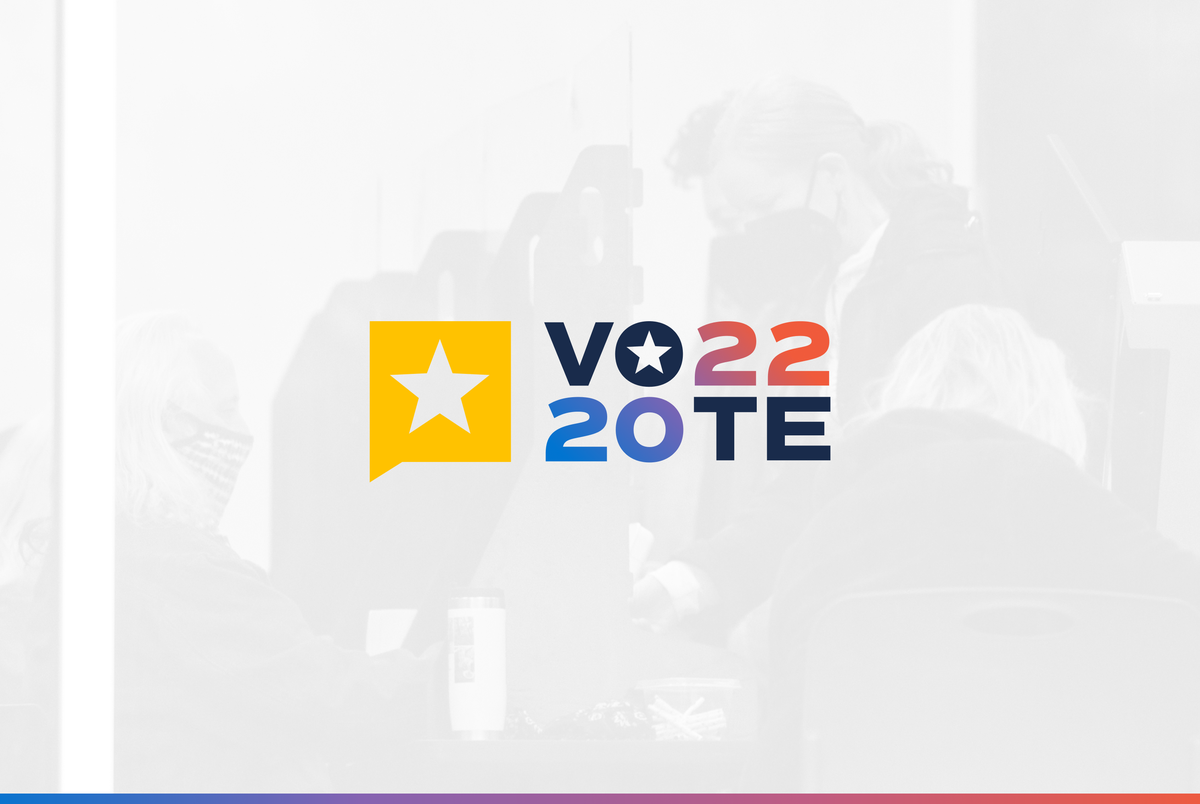 A sheer image of voters behind a large logo that reads "VOTE 2022" next to a Texas Tribune icon.