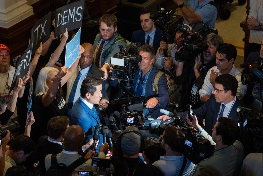 Democratic caucus chair State Rep. Gene Wu, D-Houston, holds a press conference as most Texas Democratic members of the House of Representatives return for the second-called special session of the 89th Texas Legislature.  Texas Gov. Greg Abbott threatened absent members with arrest and fines in the first special session that concluded last week.
