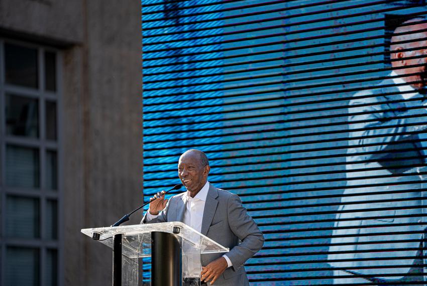 Former state Rep., Houston Mayor and U.S. Rep. Sylvester Turner addresses the crowd gathered on steps of Houston’s City Hall in support of a 10,000  Black Men rally on Sunday, Oct. 27, 2024. Turner, who died in March, represented Houston's Congressional District 18.