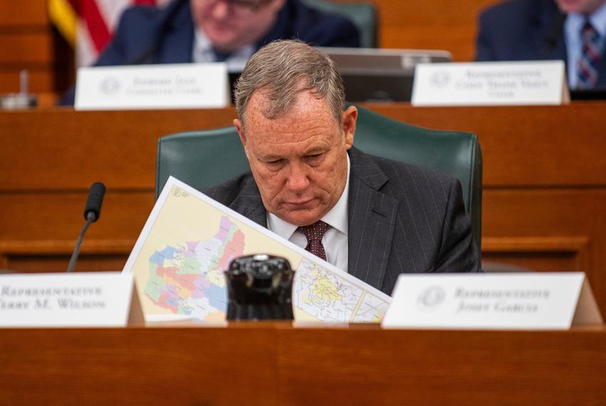 State Rep. Terry M. Wilson, R-Georgetown, looks at a congressional district map during a House Congressional Redistricting committee meeting on Thursday, July 24, 2025, in Austin, Texas.