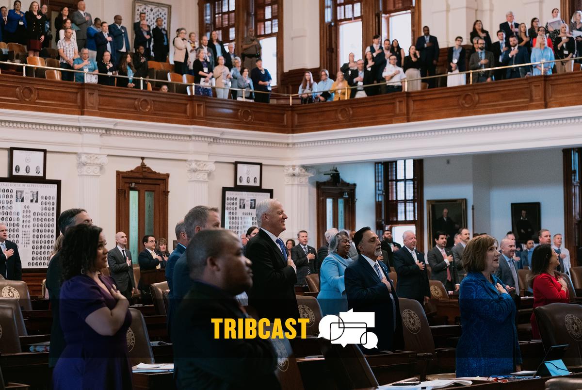 Representatives recite the Pledge of Allegiance on the House floor in Austin on April 18, 2023.