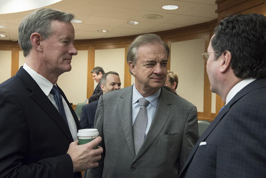 Texas chancellors William McRaven of UT, John Sharp of Texas A&M and Brian McCall of Texas State at the Senate Higher Education Committee meeting on April 26, 2016.