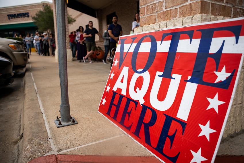 A long line forms outside the Randall's Grocery Store in Westlake Hills during Super Tuesday voting on March 3, 2020. Voters waited in line for up to two and a half hours at this polling location.