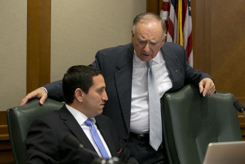 State Rep. Dan Flynn (right), R-Van, talks to state Rep. Trey Martinez Fischer, D-San Antonio, on Oct. 23, 2013. Van is co-chair of the House Select Committee on Transparency in State Agency Operations, whose members include Fischer.