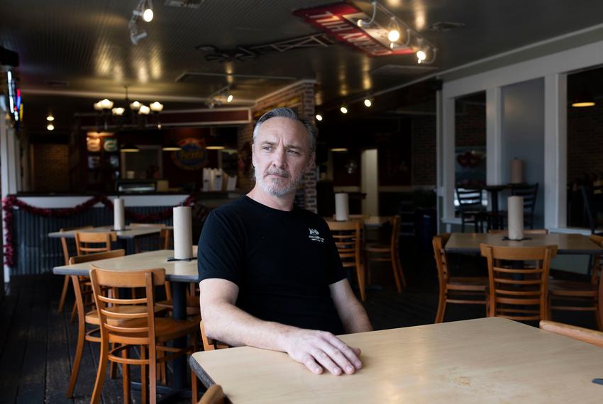 Troy Streuer, owner of Pocket’s Grille and supporter of the film incentive program, in Smithville, Texas on Feb. 7, 2025. The restaurant is a host to film memorabilia from different movies filmed in the town, and is