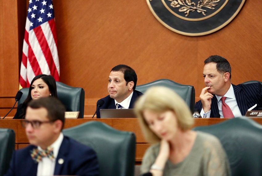 Texas Reps. Poncho Nevárez, D-Eagle Pass, and Rafael Anchia, D-Dalas, listened to testimony at a joint committee hearing Friday on the border crisis.