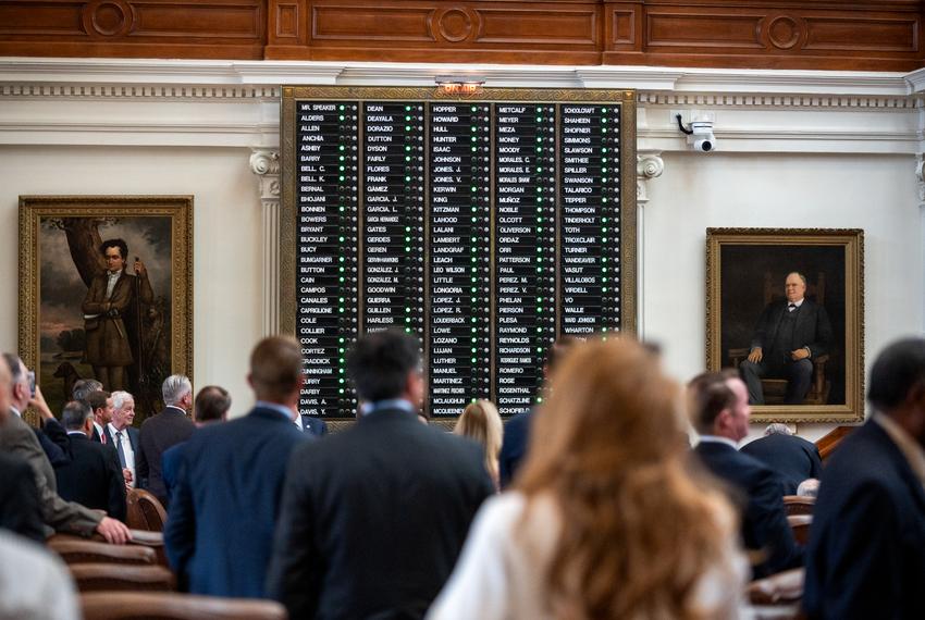 Texas Representatives look towards the voting board as attendance is called in the House Chambers on Tuesday, Aug. 5, 2025 in Austin. It was the second day that representatives failed to meet quorum after Texas Democrats left the state in protest of new congressional maps.