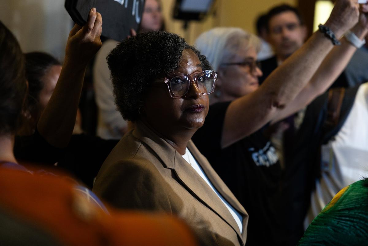 Rep. Rhetta Andrews Bowers, D-Rowlett, stands outside a press gaggle outside of the Texas House on Aug. 18, 2025. Texas Democrats left the state to fight redistricting at the national level, returning after two weeks to resume work in the state.