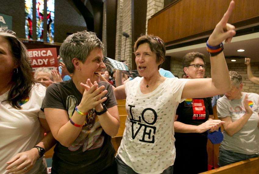 Laura LeBoeuf and Angie Balmer at a ceremony at Central Presbyterian Church in downtown Austin after the U.S. Supreme Court legalized gay marriage on June 26, 2015.