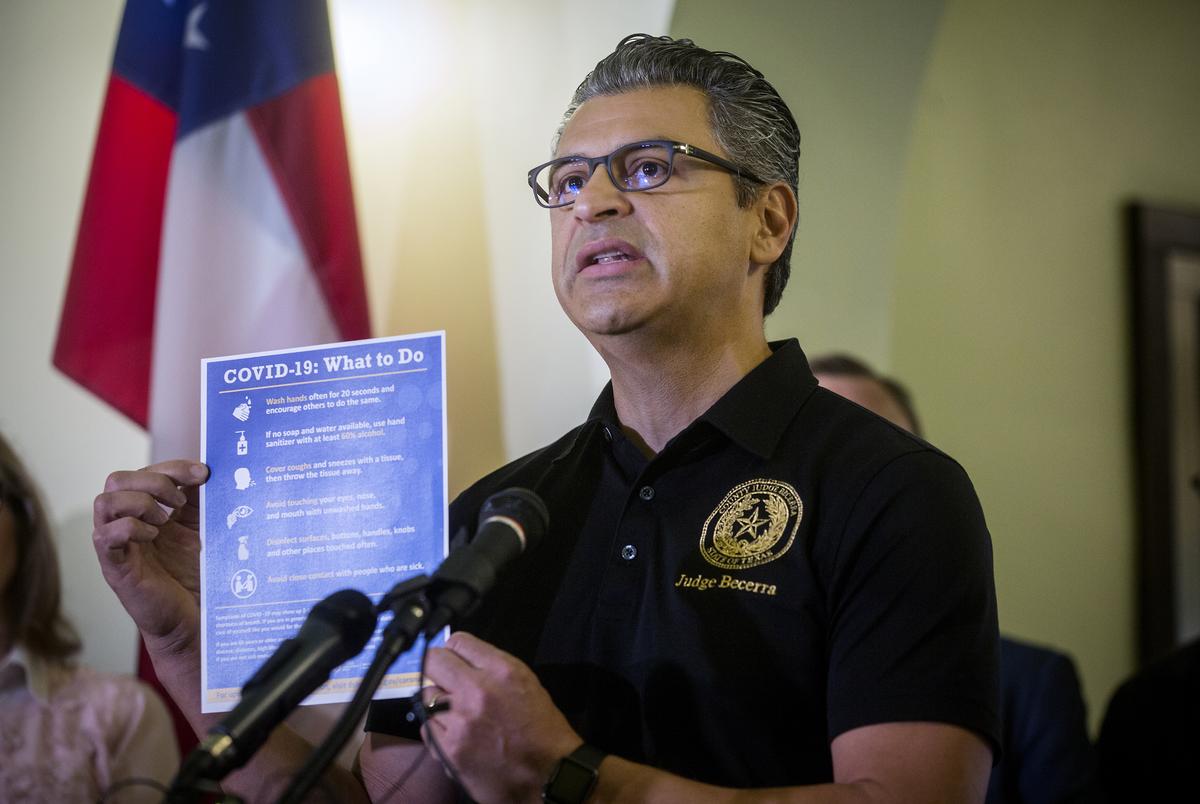 Hays County Judge Ruben Becerra announced a state of disaster during a press conference at the Hays County Courthouse in March. 
