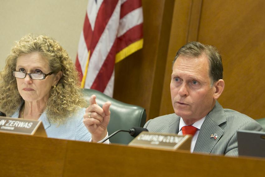 Texas House Higher Education Committee Chairman John Zerwas (right), R-Richmond, and Vice Chairwoman Donna Howard, D-Austin, take part in a May 10, 2016, committee hearing.