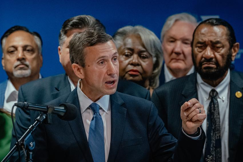 Democratic National Committee Chair Ken Martin speaks during a press conference surrounded by members of the Texas House Democratic Caucus at Painters District Council 30 in Aurora, Ill., on Tuesday, Aug. 5, 2025.