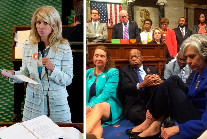 Left: Wendy Davis is shown during her 2013 filibuster in the Texas Senate. Right: U.S. House Democrats staged a sit-in on June 22, 2016, in their bid to pass gun control legislation.