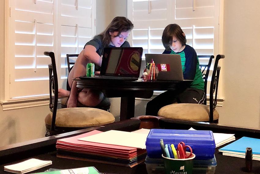 Genevieve Gilmore, 14, studies with her brother Charlie, 11, in their home in Celina.