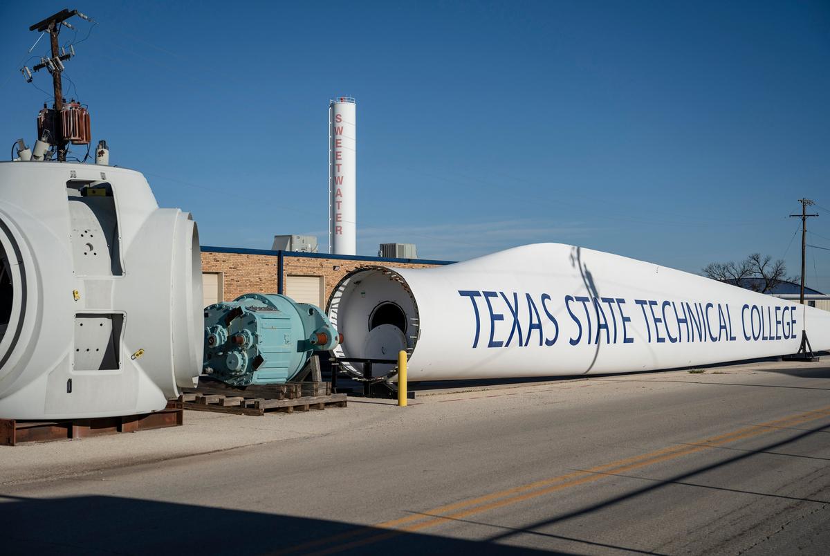 Wind Turbine components decorate the exterior of the Texas State Technical College’s Wind Energy Technology building Tuesday, March 5, 2024 in Sweetwater.