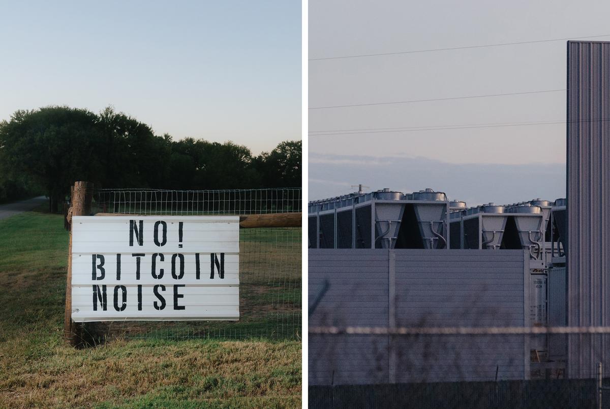 Left: Cheryl Shadden has signs placed around her property protesting the noise generated from MARA’s cryptocurrency facility in Hood County. Right: Residents say the 24-foot-tall soundproofing wall has done little to reduce “the roar,” the hum generated by fans cooling the cryptomining computers.