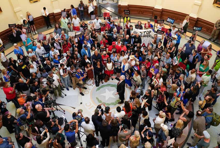 U.S. Rep. Lloyd Doggett, D-Austin, speaks to anti-redistricting protesters  in the Capitol Rotunda during the Texas House special committee hearing on redistricting August 1, 2025.